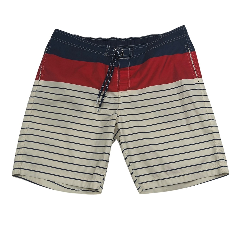 Lands End Mens XL Swim Trunks Board Shorts Red Blue White Striped Colorblock